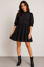 ZARA Black Floral Puff Sleeve Babydoll Mini Dress Women’s XS