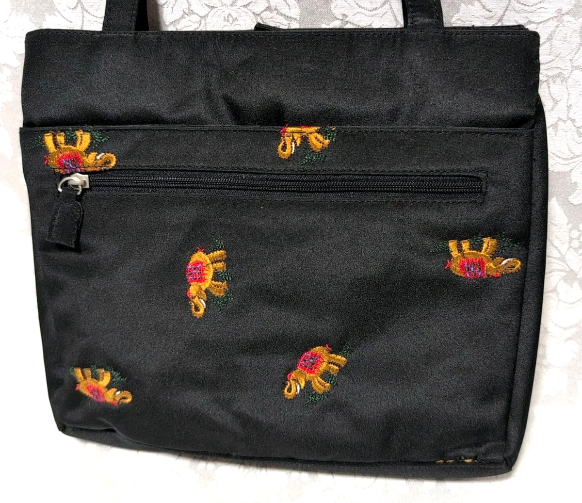 Black Embroidered Elephant Handbag Purse View 2
