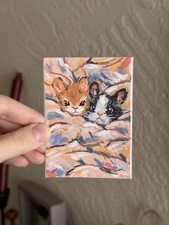 Peinture miniature originale acrylique ACEO 2,5 X 3,5 mignon sommeil lapin amis