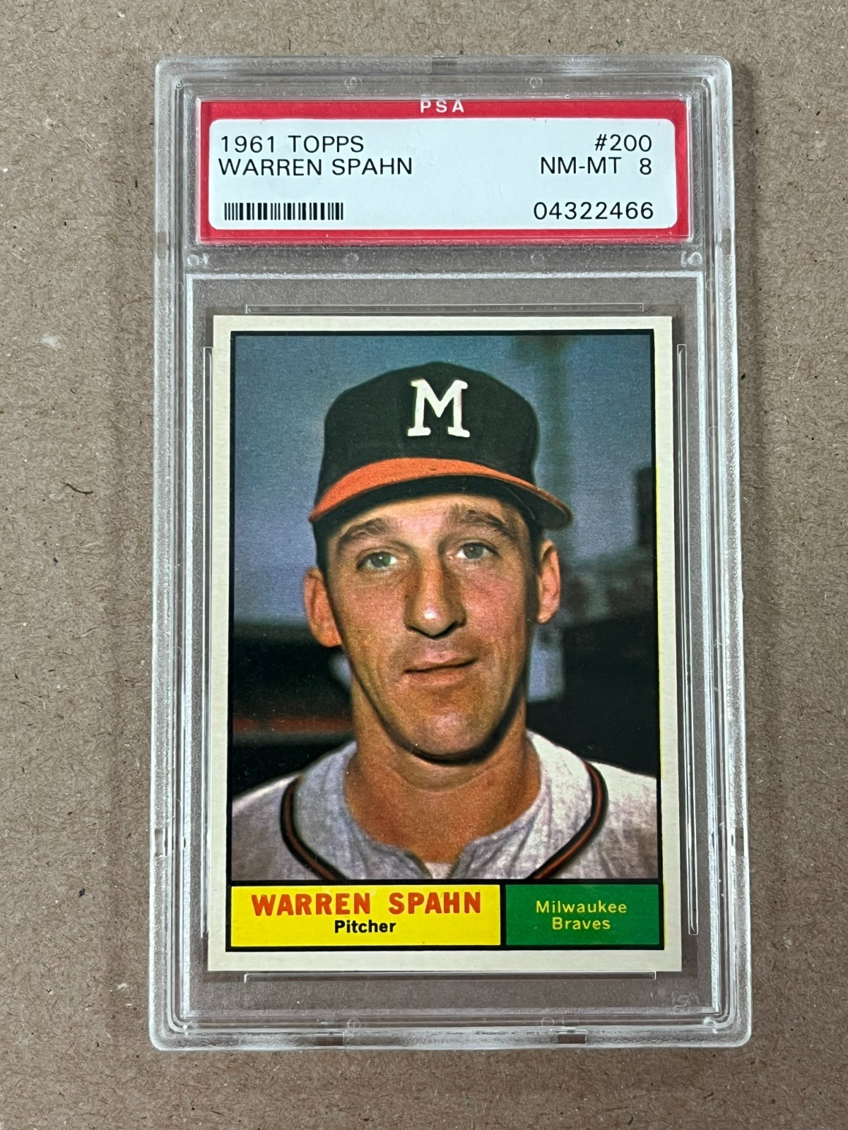 1961 Topps Warren Spahn #200 Milwaukee Braves Graded PSA 8 NM-MT