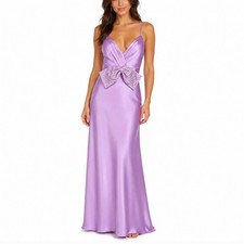 Mac Duggal 68144 Purple Evening Gown Satin Beaded Bow Accent Column Dress Size 6