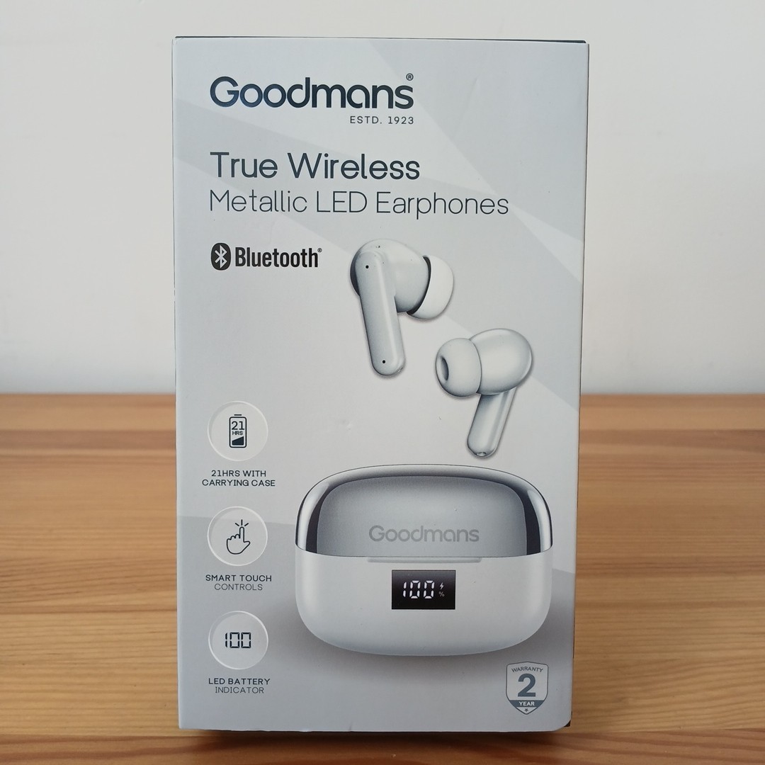 Brand New Goodmans True Wireless Metallic LED Earphones White Bluetooth Sealed