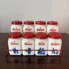 1940 McKee Tipp City Milk Glass Set 8 Spice Jars Original Rack Hazel Atlas Dutch