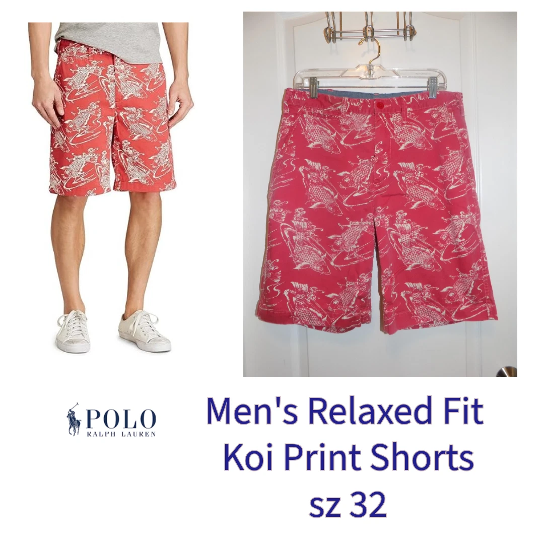 Polo RALPH LAUREN Shorts Mens 32 Red Koi Fish Relaxed 10" Cotton Hawaiian VTG