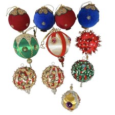 Vintage Satin Beaded Christmas Push Pin Sequins Ornaments Lot of 11 Handmade