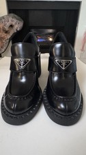 Prada Monolith Heeled Loafers   Black Leather - Size 37.5 or US 7.5 - Authentic