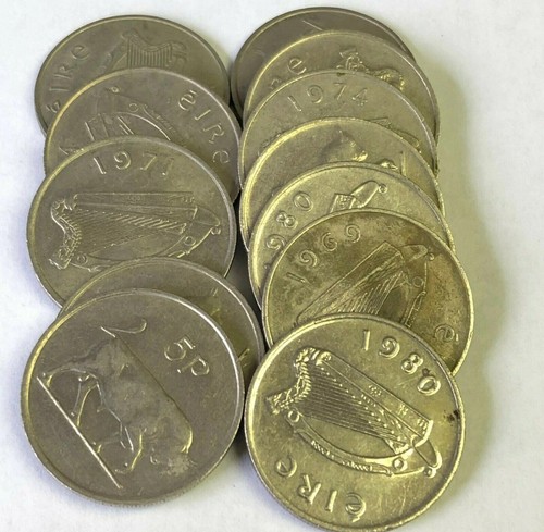 IRELAND 5 PENCE Bull & Irish Harp coin (vintage 1969-1990 type) 23.6mm, KM#22
