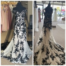 Gothic Mermaid Wedding Dresses Off the Shoulder White and Black Lace Bridal Gown