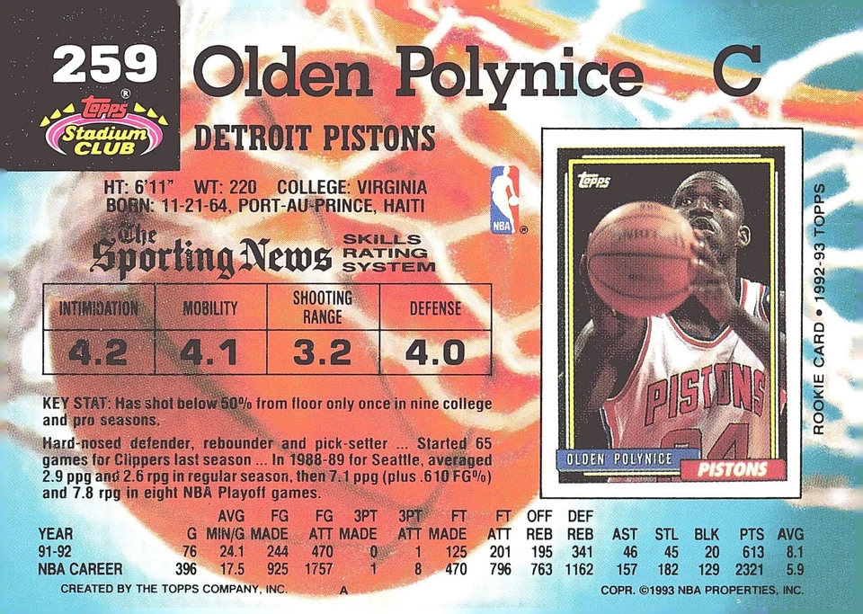 1992-93 Stadium Club #259 Olden Polynice - Image 2 of 2