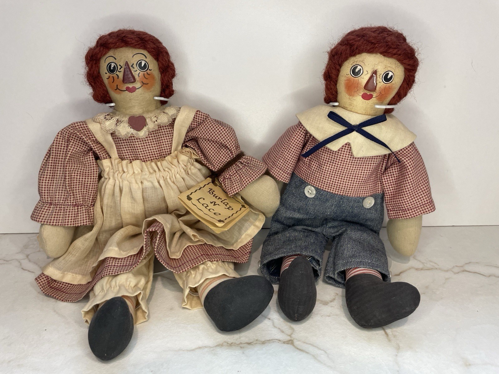 Vtg Raggedy Ann & Andy Dolls w/ Doll Stands Handmade Primitive Folk Art
