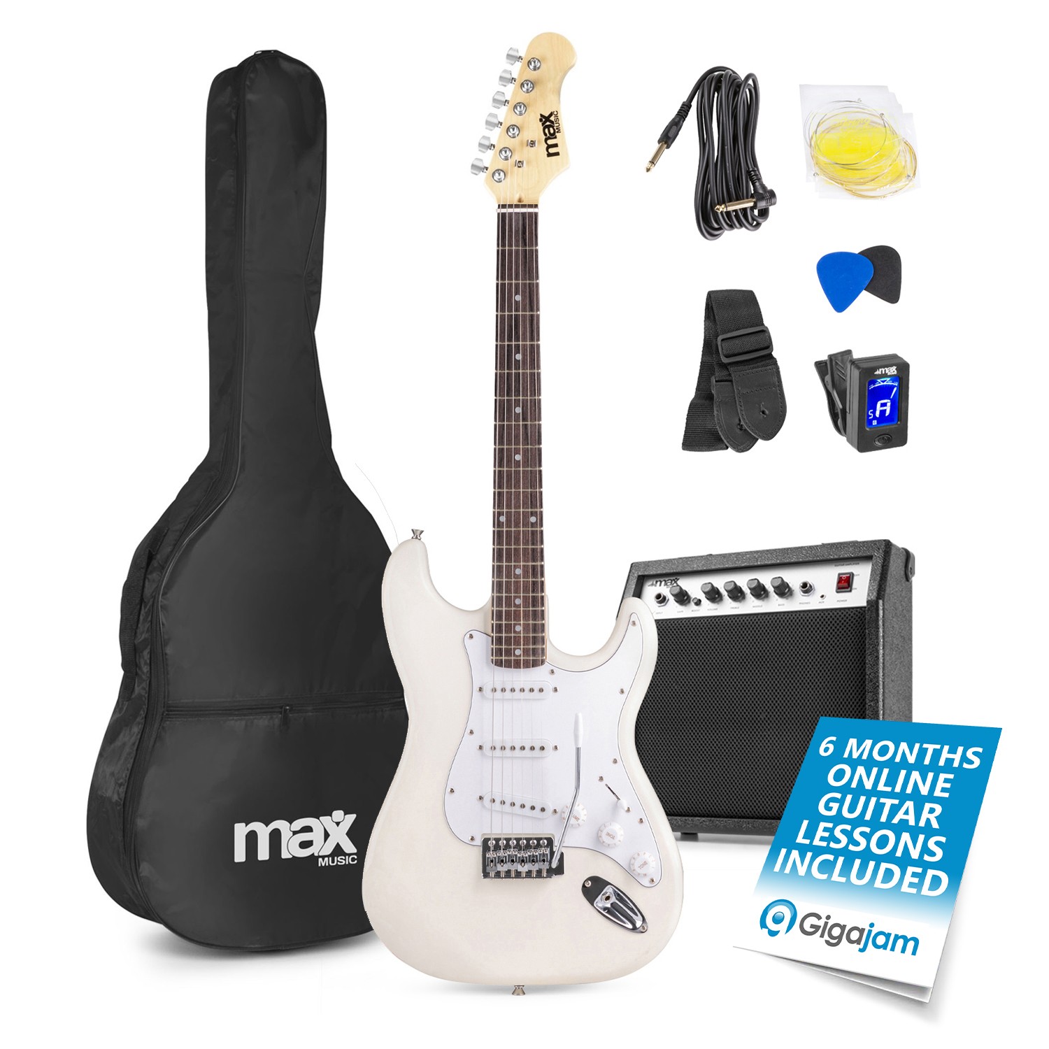 Max Gigkit Beginner Electric Guitar Kit White 4/4 with 40W Amplifier