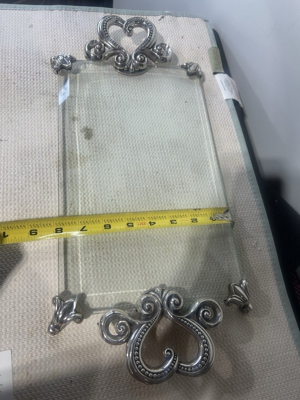 BRIGHTON Marie Antoinette Silver Plated Hearts Beveled Glass Vanity Tray 18”x 9”