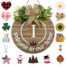 Letter I Interchangeable Seasonal Welcome Sign, Monogram, Wooden Wreath, Door
