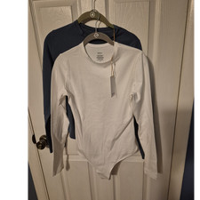 Bundle of 2 Quince Women  s Long Sleeve One-Piece Bodysuits, Size M White  Blue