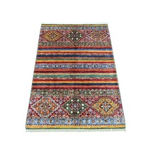 3'2"x4'6" Colorful Afghan Super Kazak Hand Knotted Khorjin Design Wool Rug 22083