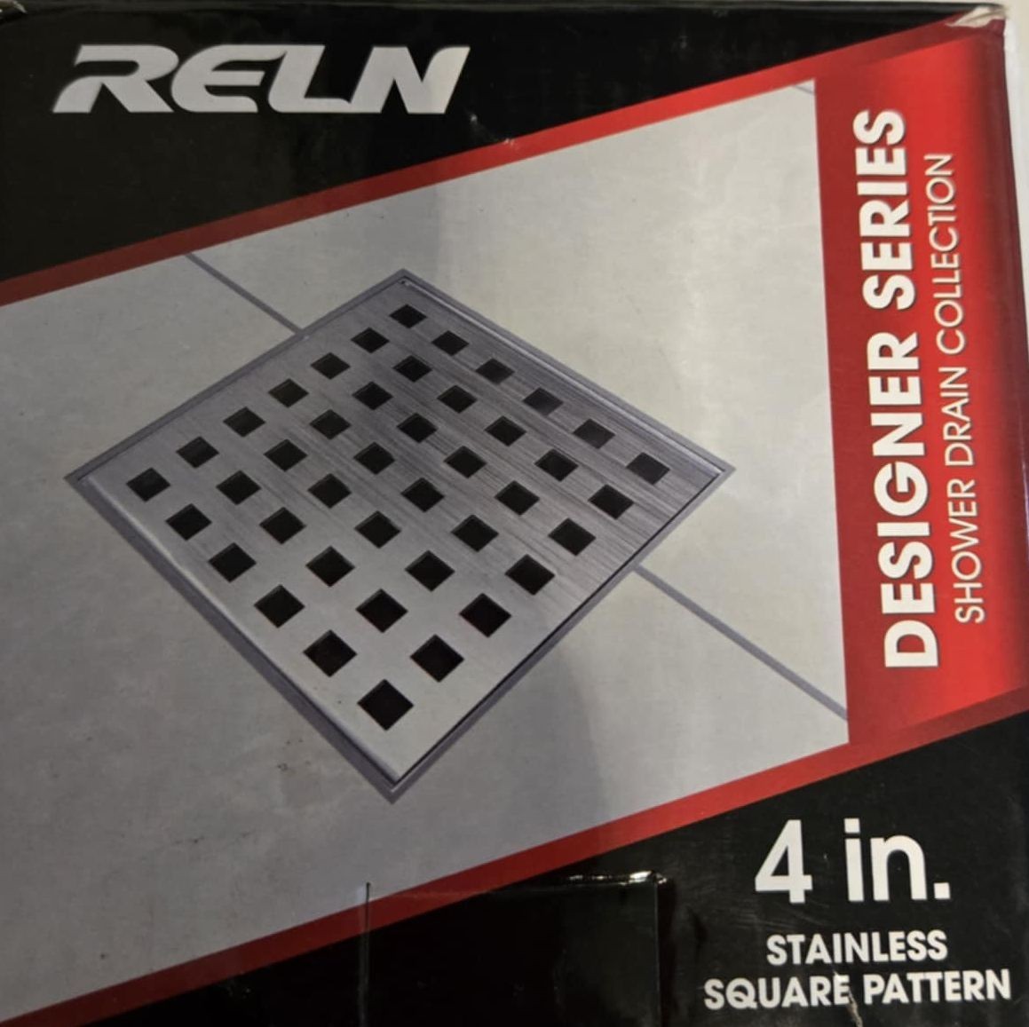 RELN Square Shower Drain Stainless Steel with Square Pattern Drain Cover 4in NEW