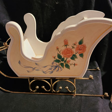 Vintage Wood And Metal Christmas Sleigh Centerpiece Pink Roses Gold Trim D cor