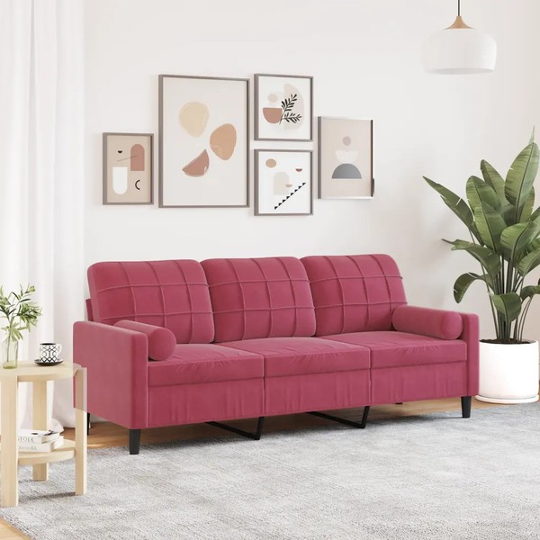 3-Sitzer Sofa Samt Weinrot 180 Cm Mit Zierkissen-image