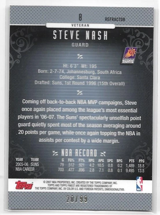 2006-07 Topps Finest Basketball Refractors Black Parallel #8 Steve Nash /99 - Image 2 of 2