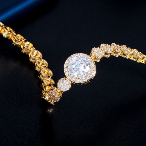 Brazalete brazalete de eslabones de cadena redondos de circonita cúbica chapado en oro amarillo de lujo - Imagen 9 de 16