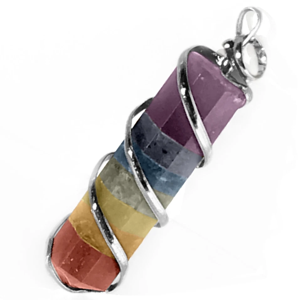 Collar Hecho a Mano Colgante Espiral Plata Envoltura Alambre Cristal Chakra Arco Iris CARGADO Foto 3 de 4