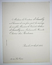 VICOMTE ARTHUR D ASSAILLY Henriette Olivier des Bordeaux FAIRE PART MARIAGE 1885