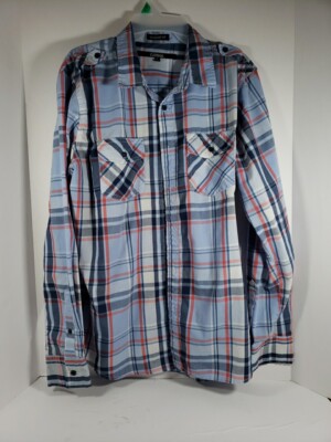 Carbon Shirt Mens Large Blue Plaid Long Sleeve Button Front Classic Fit Collared