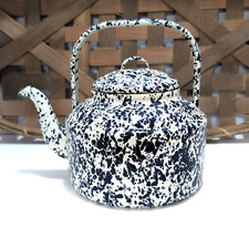 Vintage Blue & White Tea Kettle Speckled Spatterware Graniteware Rustic Decor