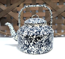 Vintage Blue & White Tea Kettle Speckled Spatterware Graniteware Rustic Decor