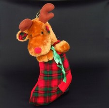 Vintage Reindeer Stocking Plush Head Christmas 3D Bag Plaid Red Stuffed Animal