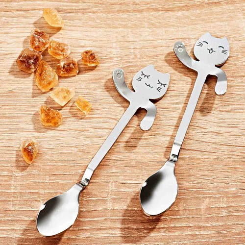 4x Kaffee Löffel Kätzchen Design Teelöffel Katze Kaffeelöffel Edelstahl Poliert - 第 2/3 張圖片