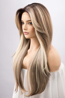 20” Brown/Blond Front Lace Wig Unit Human Hair Lisa” Unit: 20” Front Lace Wig w/ Deep Brown Rooting  main image 4