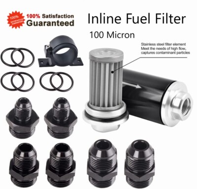 Inline Fuel Filter High FLOW 100 Micron Cleanable  AN6 AN8 AN10 Adapter +Bracket