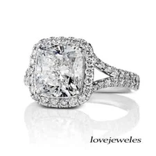 3CT Cushion Cut Diamond Lab-Created Split Shank Halo Ring 14K White Gold Finish