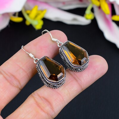 Goldener Citrin Edelstein Sarg Handarbeit 925 Sterlingsilber Schmuck Geschenk Ohrring