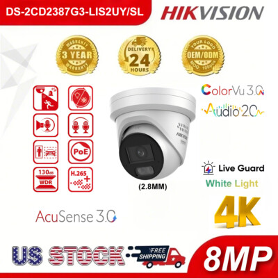 Hikvision 8MP ColorVu AcuSense3.0 PoE Turret Camera DS-2CD2387G3-LIS2UY/SL 2.8mm