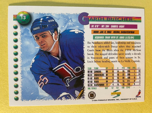 SIGNED GARTH BUTCHER 1994 AUTOGRAPHED PINNACLE HOCKEY CARD - NORDIQUES - Picture 2 of 2