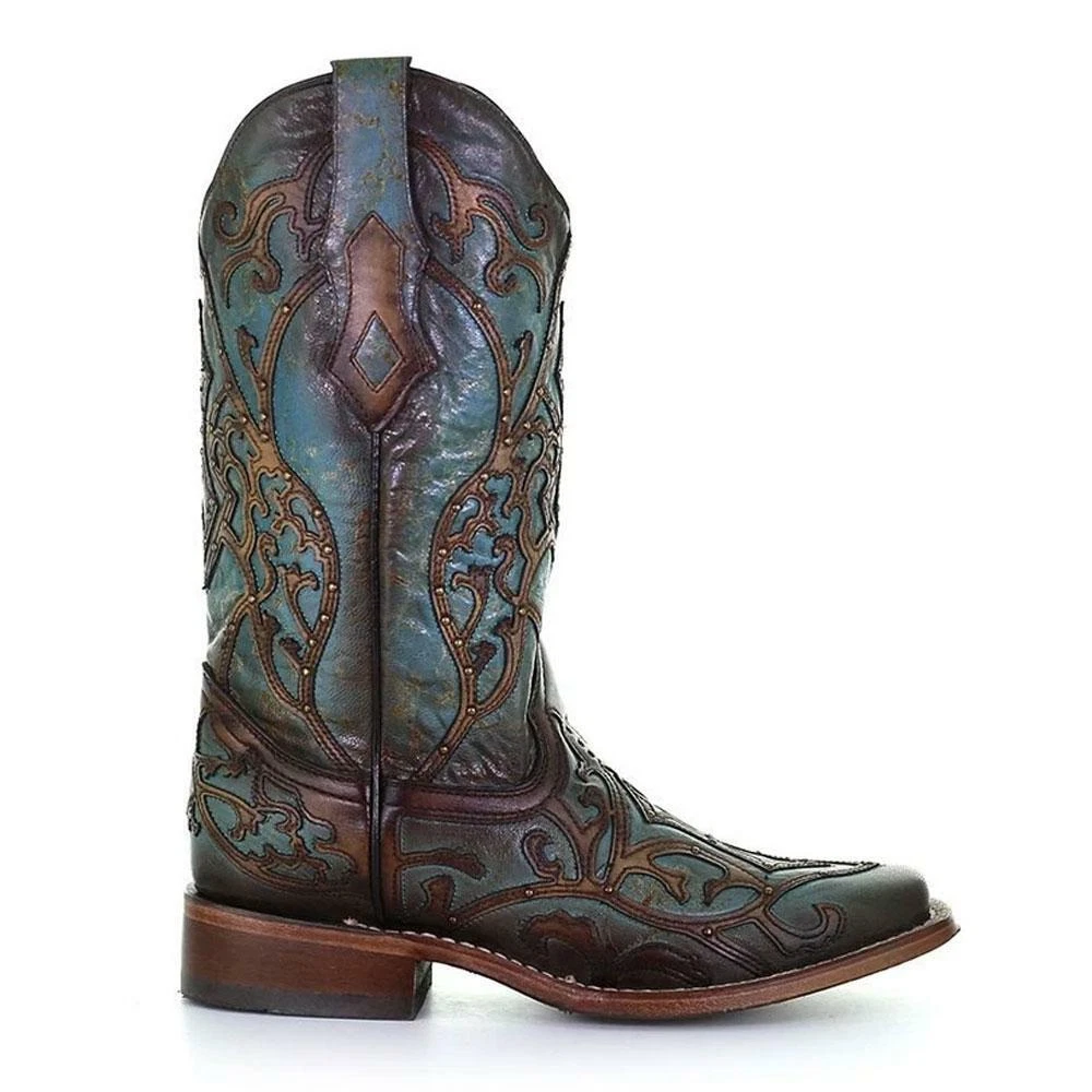 C3768 Corral Women s Brown with Turquoise Overlay Square Toe