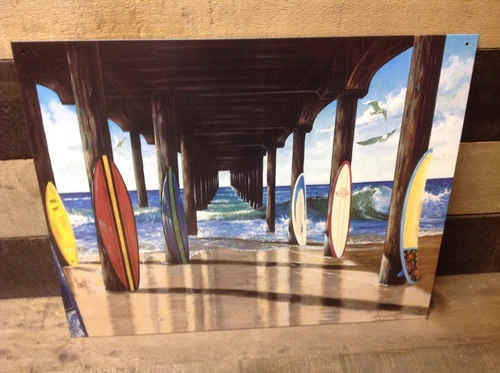 Westmoreland Pier Group Surf Boards Lineup Metal Sign Tin Vintage Bar Beach