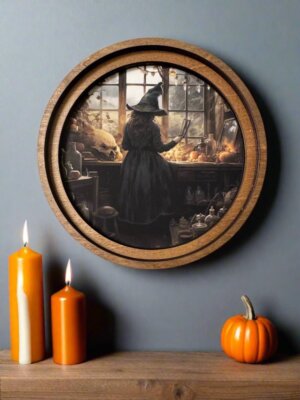 Handcrafted Retro 8'' Canvas on Wood 8'' Round Halloween Spell Casting Witch Art