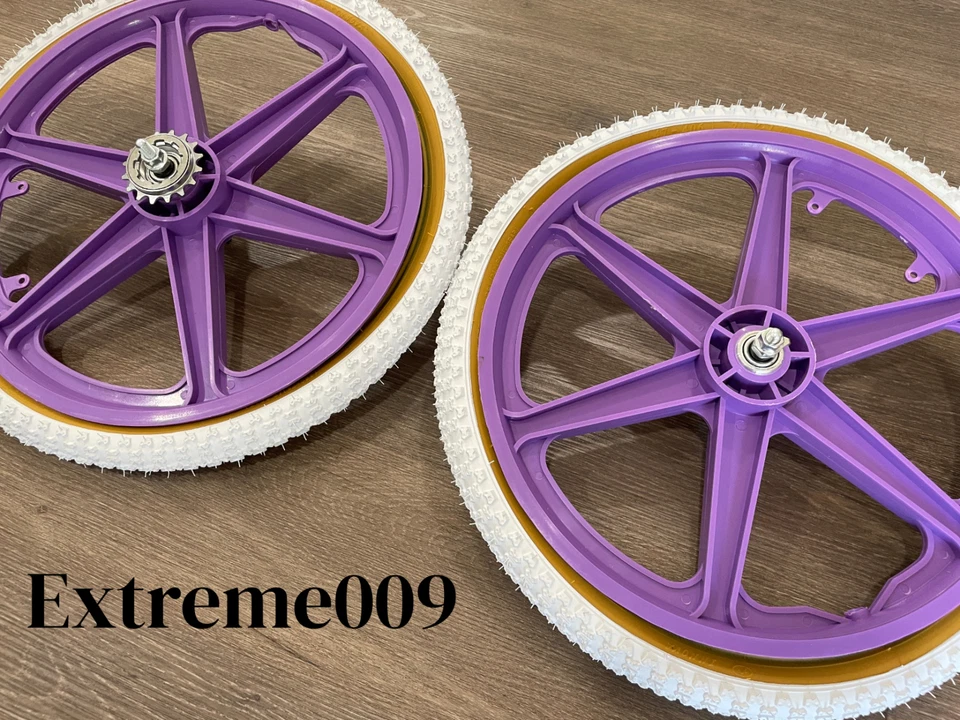 Conjunto de rodas Mag de bicicleta 20" 6 raios bicicleta BMX roxa com pneus 20x1,75 Comp BRANCOS - Imagem 2 de 3