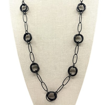 Vintage Black Metal Link Necklace Concentric Circle Ring Station Long Opera Y2K