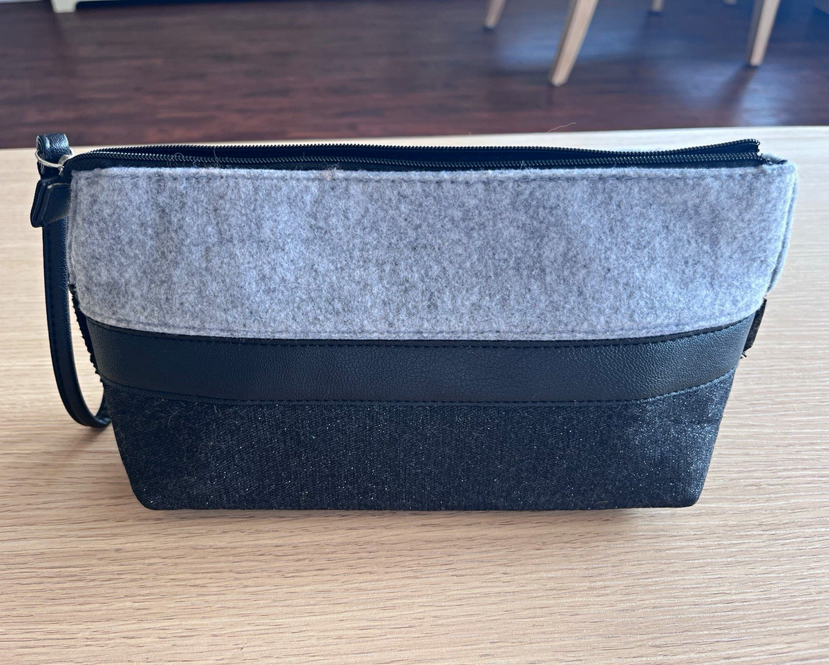 Gray Wool/Black Glitter Two-Tone Felt Makeup Bag Clutch with Wristlet