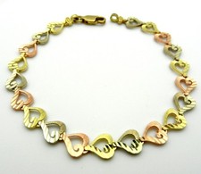 Solid 14k Multi Tone HEART Shaped Diamond Cut Link Bracelet 7.5" long 5.4 gr