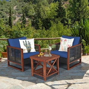 3PCS Rattan Wicker Patio Conversation Set Outdoor Furniture Set w/ Navy Cushion