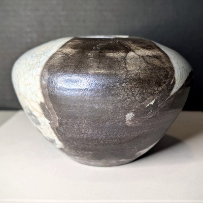 Medium Raku Fired Vessel Heavy Fine Line Crackle Glaze Pale White Dark Carbon