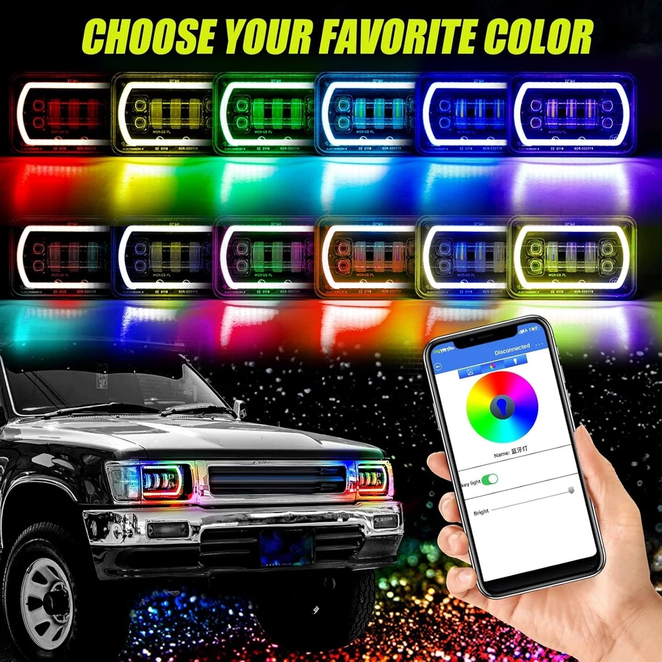 Faros LED de haz alto/bajo con RGB Halo DRL para Lincoln Town Car 1981-1989 4 piezas 4x6" Foto 4 de 4