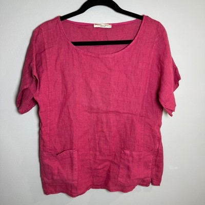 Francesca Bettini Italy 100% Linen Pink Short Sleeve Pocket Top 19C257 Small