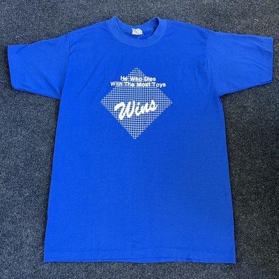 Vintage 80s He Who Dies With The Most Toys Wins Selec-T Shirt Men Large Blue Tee