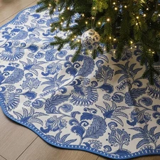 48 Inches Christmas Tree Skirt Blue Floral Block Print Xmas Tree Skirt Cotton Se